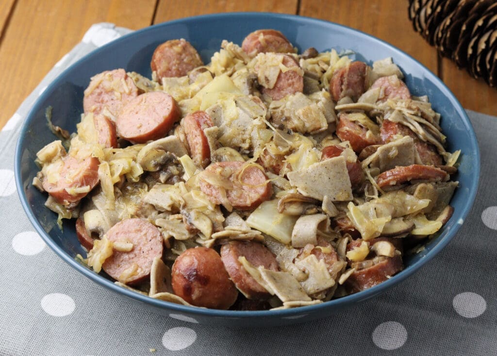 cooked lazanki with cabbage and mushrooms